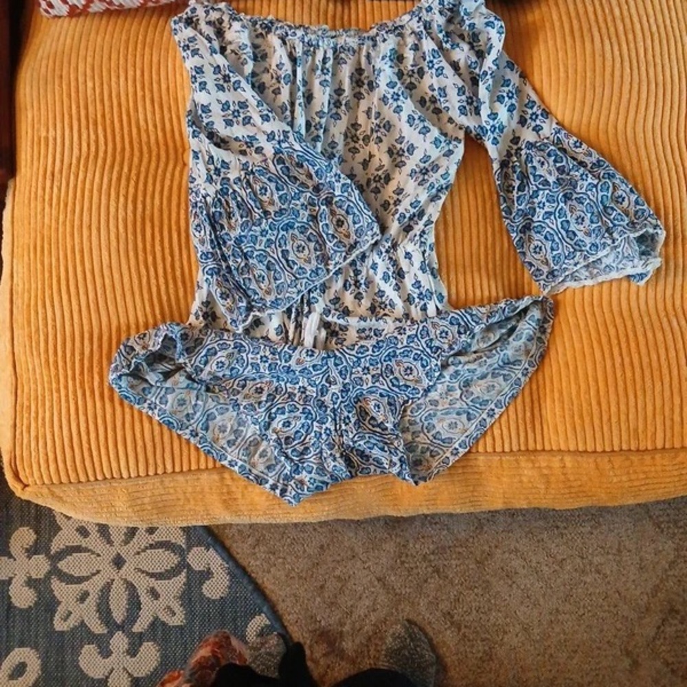 Angie Blue and White Floral Off-Shoulder Top - Picture 1 of 4